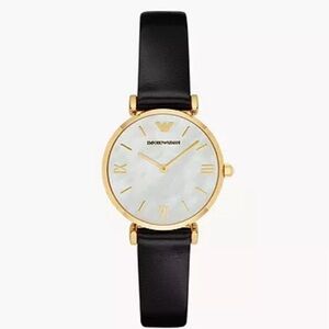 Emporio Armani Women's Two-Hand Black Leather Watch